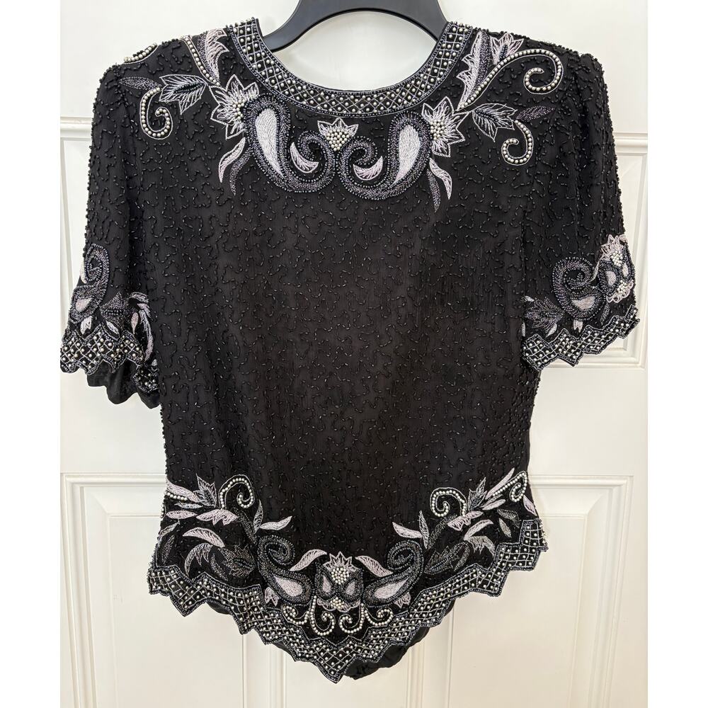 VTG 90’s Laurence Kazar Silk Beaded Top Black Silver Sequin Evening Cocktail